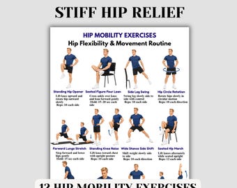 Esercizi di mobilità dell'anca stampabili, tabella per alleviare la rigidità dell'anca, routine di stretching per i flessori dell'anca, PDF su flessibilità e terapia del movimento