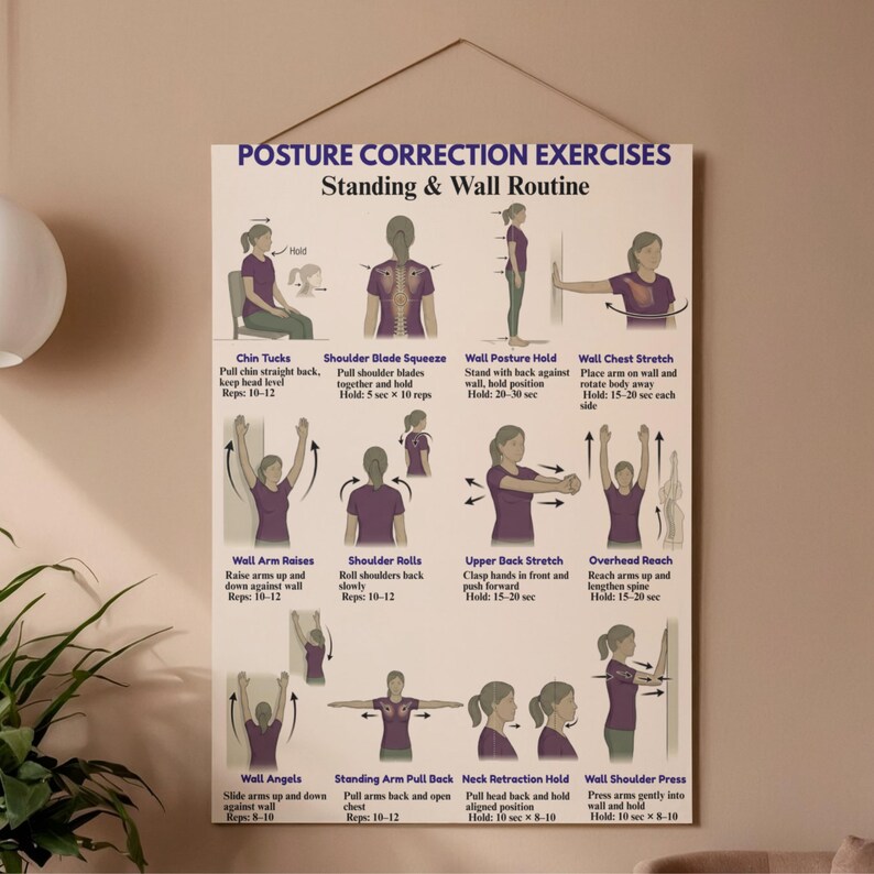 Posture Correction Exercises Printable, Improve Posture Chart, Wall ...