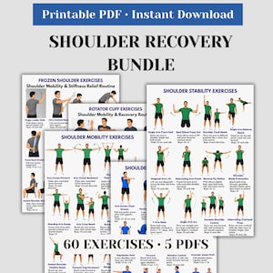 May include: A digital shoulder recovery bundle featuring five printable PDF guides. The documents contain illustrations of individuals performing various shoulder mobility, stability, and rotator cuff exercises with text instructions for each movement.