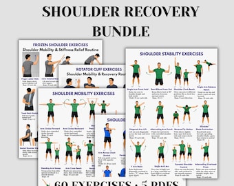May include: A digital shoulder recovery bundle featuring five printable PDF guides. The documents contain illustrations of individuals performing various shoulder mobility, stability, and rotator cuff exercises with text instructions for each movement.
