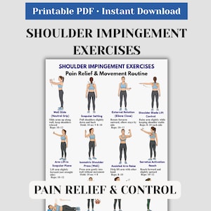 May include: A printable PDF featuring shoulder impingement exercises for pain relief and movement. The guide includes illustrations and instructions for various exercises, such as wall slides, scapular setting, and external rotation. The text includes the phrases "Pain Relief & Movement Routine" and "Pain Relief & Control."