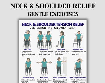 Esercizi per alleviare il dolore al collo e alle spalle (stampabili), routine di stretching da ufficio, sollievo dalla tensione della parte superiore del corpo, esercizi posturali (PDF).