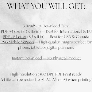 Pode incluir: Texto em fundo branco que diz "WHAT YOU WILL GET:" seguido de detalhes sobre arquivos para download, incluindo PDF A4 (21 x 29,7 cm), PDF US Letter (21,6 x 27,9 cm) e PNG Mobile Version. Tamb&eacute;m indica "Download instant&acirc;neo - Sem produto f&iacute;sico."