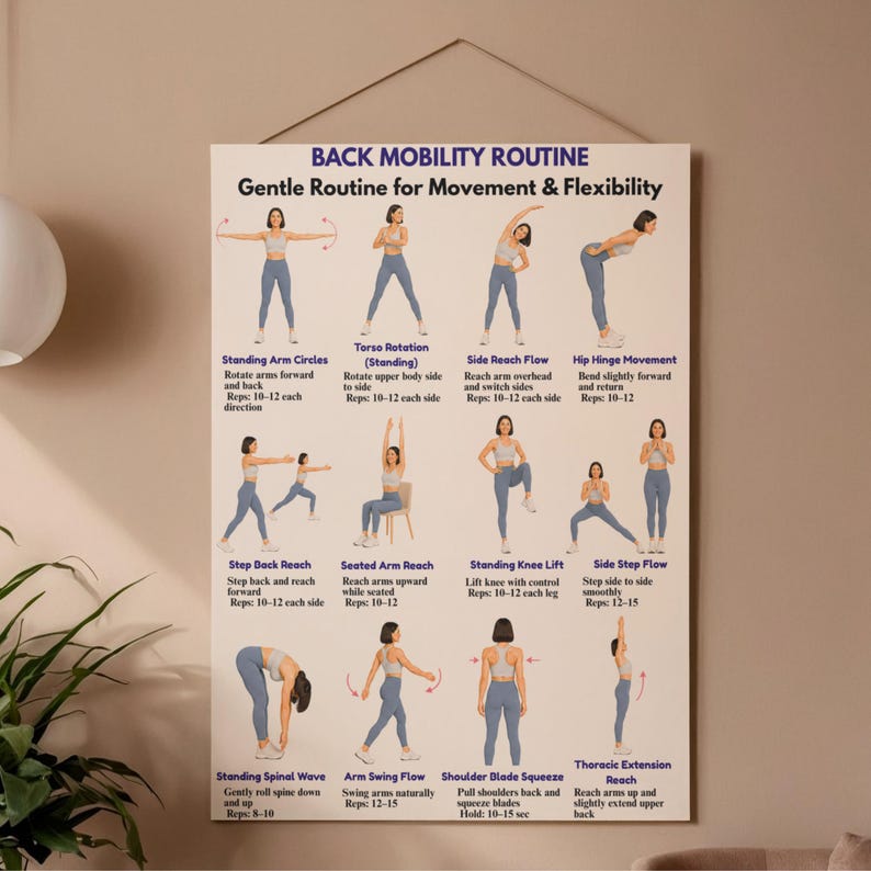 Pode incluir: Um cartaz intitulado "BACK MOBILITY ROUTINE" com ilustra&ccedil;&otilde;es de exerc&iacute;cios para movimento e flexibilidade. Os exerc&iacute;cios incluem c&iacute;rculos de bra&ccedil;os, rota&ccedil;&atilde;o do tronco, fluxo de alcance lateral, movimento da articula&ccedil;&atilde;o da anca, alcance para tr&aacute;s, alcance sentado, eleva&ccedil;&atilde;o do joelho, fluxo lateral, onda espinhal, balan&ccedil;o dos bra&ccedil;os, compress&atilde;o das omoplatas e extens&atilde;o tor&aacute;cica.
