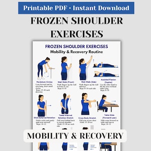 Könnte beinhalten: Ein druckbares PDF mit dem Titel "Frozen Shoulder Exercises" mit Illustrationen von Übungen zur Mobilität und Erholung. Die Übungen umfassen Pendelkreise, Wandläufe, unterstützte Beugung, etc.