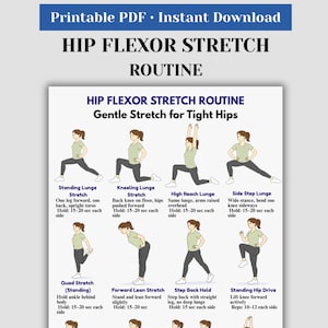 Könnte beinhalten: Ein druckbares PDF mit einer Hüftbeuger-Dehnungsroutine. Die Routine umfasst Illustrationen verschiedener Dehnübungen, wie z. B. Standlunge, Knielunge und Seitenschrittlunge. Der Text weist auf sanfte Dehnungen hin.