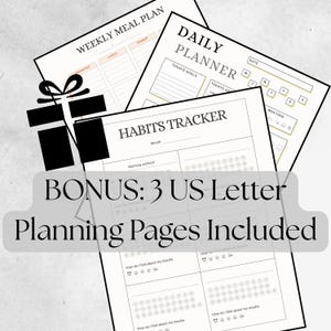 Pode incluir: Um conjunto de p&aacute;ginas de planejamento imprim&iacute;veis, incluindo um plano de refei&ccedil;&otilde;es semanal, um planejador di&aacute;rio e um rastreador de h&aacute;bitos. O texto "BONUS: 3 US Letter Planning Pages Included" est&aacute; inclu&iacute;do.