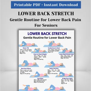 Op de afbeelding: Een afdrukbare PDF met de titel "LOWER BACK STRETCH" met een zachte routine voor lage rugpijn voor senioren. De afbeelding toont geïllustreerde oefeningen, waaronder bekkenkantelingen, knie naar borst en hielglijden, met instructies en herhalingen.