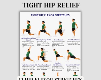 Esercizi di stretching per i flessori dell'anca stampabili, tabella per alleviare la tensione all'anca, routine di mobilità per i flessori dell'anca, esercizi di flessibilità in PDF