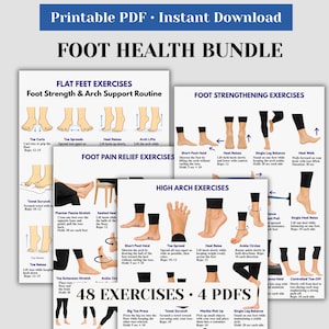 May include: A printable PDF bundle titled Foot Health Bundle containing 48 exercises across 4 pages. The documents feature illustrations of feet and ankles demonstrating various physical therapy movements for flat feet, high arches, and pain relief.