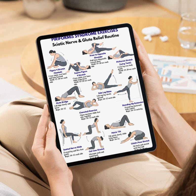 Piriformis Syndrome Exercises Printable, Sciatic Nerve Relief Routine ...