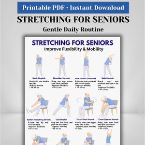 May include: A printable PDF titled "STRETCHING FOR SENIORS" showing a gentle daily routine. The poster illustrates various stretches, including neck, shoulder, arm, and side stretches, along with seated hamstring, calf, torso twist, and chest opener stretches. Each exercise is demonstrated with a stick figure.
