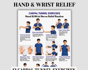 Esercizi per la sindrome del tunnel carpale stampabili, tabella per alleviare il dolore al polso, programma di riabilitazione della mano e di mobilizzazione nervosa in formato PDF