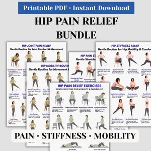 Könnte beinhalten: Ein druckbares PDF-Bundle zur Linderung von Hüftschmerzen, mit Übungen und Routinen für Gelenkkomfort, Mobilität und Steifheit. Das Bundle enthält illustrierte Anleitungen mit Schritt-für-Schritt-Anweisungen.