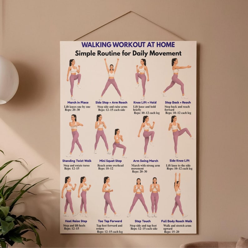 May include: A poster titled "WALKING WORKOUT AT HOME" with a simple routine for daily movement. The poster features illustrations of various exercises, including marching in place, side steps, knee lifts, and arm swings. The exercises are demonstrated by a woman in purple athletic wear.