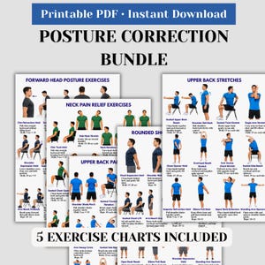 May include: A digital posture correction bundle featuring five printable exercise charts. The charts display illustrations of individuals performing various stretches and movements for forward head, neck pain, and upper back relief with text instructions.