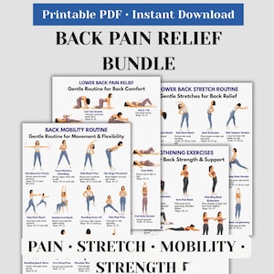 May include: A printable PDF bundle for back pain relief. The bundle includes routines for lower back pain relief, back mobility, and strengthening exercises. Each routine features illustrated exercises with instructions for gentle stretches and movements.