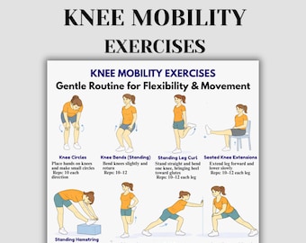 Esercizi di mobilità del ginocchio stampabili, migliora la flessibilità del ginocchio, routine di stretching per il ginocchio, esercizi di movimento articolare, allenamento a casa in PDF