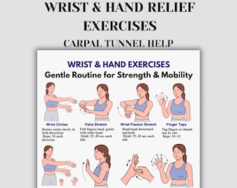 Esercizi per polso e mano stampabili, sollievo dalla sindrome del tunnel carpale, routine di stretching per il dolore alla mano, esercizi di mobilità del polso, PDF per la terapia della mano in ufficio