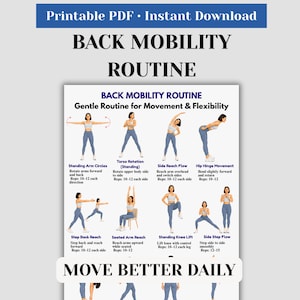 Pode incluir: Um PDF imprim&iacute;vel com uma rotina de mobilidade das costas. O p&ocirc;ster apresenta ilustra&ccedil;&otilde;es de exerc&iacute;cios como c&iacute;rculos de bra&ccedil;os, rota&ccedil;&atilde;o do tronco e fluxo de alcance lateral. O texto inclui "Move Better Daily."