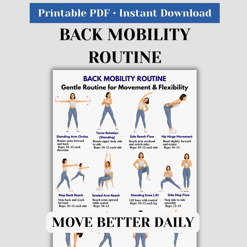 Pode incluir: Um PDF imprim&iacute;vel com uma rotina de mobilidade das costas. O p&ocirc;ster apresenta ilustra&ccedil;&otilde;es de exerc&iacute;cios como c&iacute;rculos de bra&ccedil;os, rota&ccedil;&atilde;o do tronco e fluxo de alcance lateral. O texto inclui "Move Better Daily."