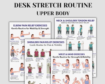 Pacchetto di esercizi di stretching da scrivania, per collo, spalle e polsi, allenamento per la parte superiore del corpo, sollievo dal dolore in ufficio, PDF stampabile 4 in 1
