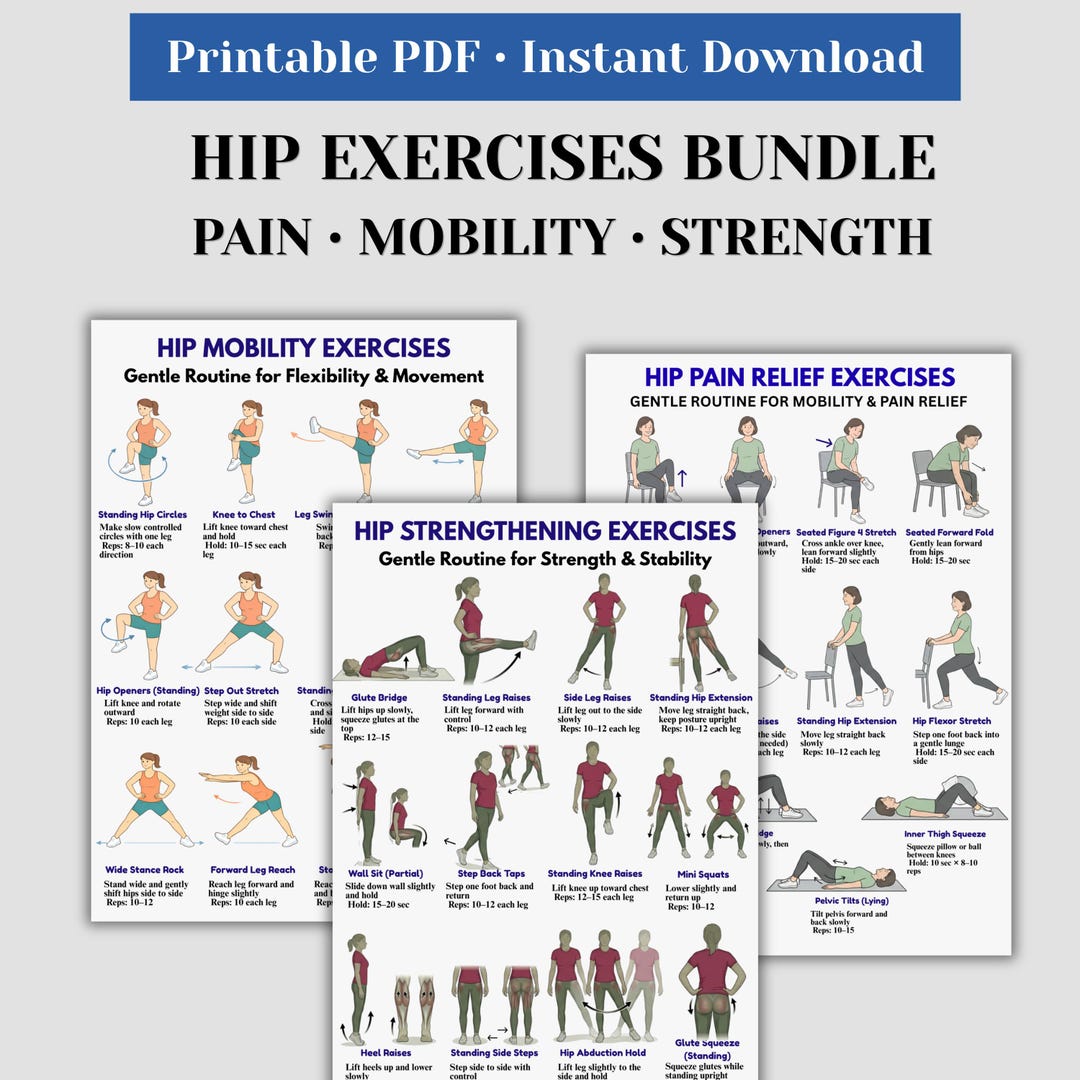 Hip Exercises Bundle Printable, Hip Pain Relief, Mobility and Strength ...