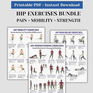 May include: A bundle of printable PDF exercise guides. The guides include illustrations and instructions for hip mobility, pain relief, and strengthening exercises. The text includes "Hip Exercises Bundle", "Pain, Mobility, Strength", and exercise names.
