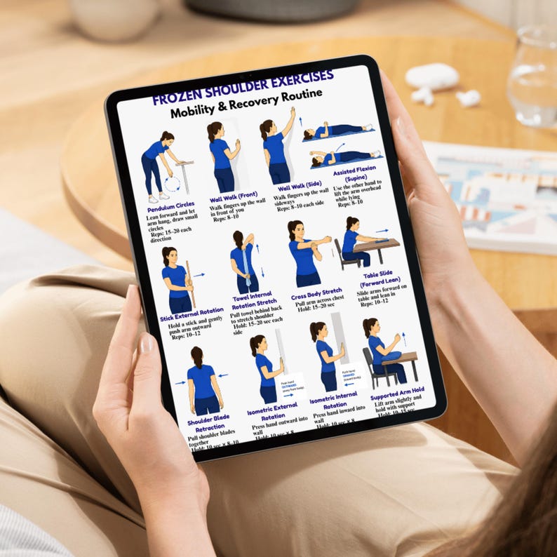 May include: A tablet displaying a guide for frozen shoulder exercises. The screen shows illustrations of various mobility and recovery routines, including pendulum circles, wall walks, and towel stretches. The text "Frozen Shoulder Exercises" is at the top.
