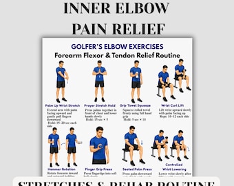 Esercizi per il gomito del golfista stampabili, sollievo dal dolore interno del gomito, routine di riabilitazione dell'avambraccio, tabella di stretching dei tendini, PDF per la terapia dei flessori