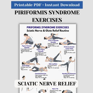 Pode incluir: Um PDF imprimível com exercícios para a síndrome piriforme, incluindo alongamentos e rotinas para alívio do nervo ciático e glúteo. Os exercícios incluem Alongamento da Figura 4, Joelho ao Ombro Oposto.