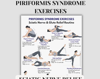 Esercizi per la sindrome del piriforme stampabili, routine per alleviare la sciatica, PDF per lo stretching e la mobilità dei glutei.