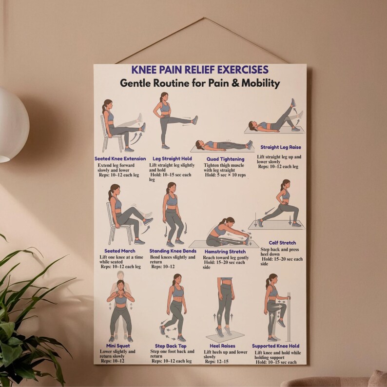 May include: A poster with the title "Knee Pain Relief Exercises" displays illustrations of various exercises for pain and mobility. The exercises include leg raises, hamstring stretches, and squats, with instructions for each.