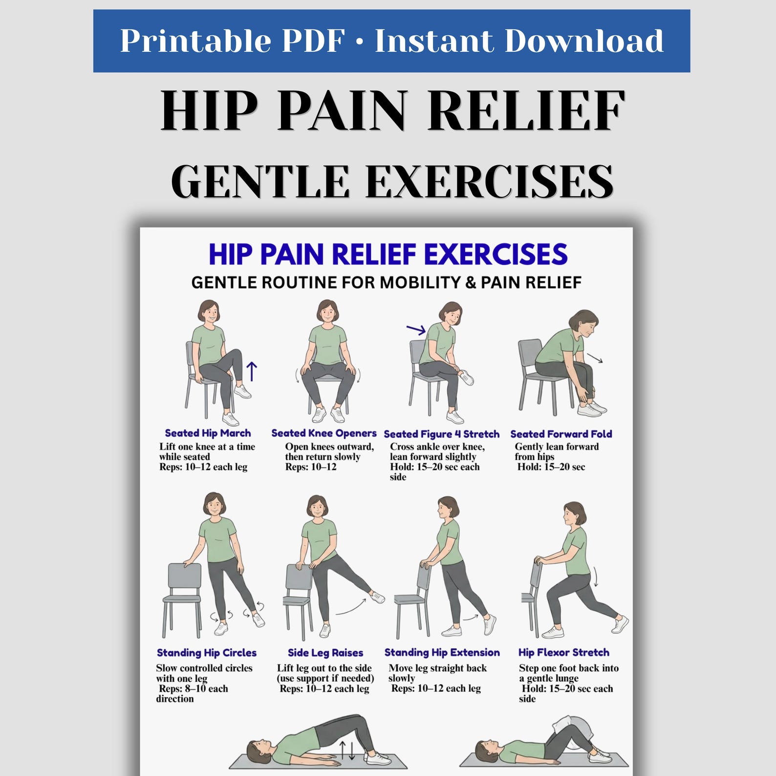 Hip Pain Relief Exercises Printable, Gentle Hip Mobility Routine, Low ...
