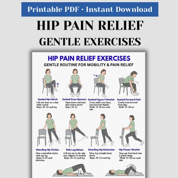 Hip Pain Relief Exercises Printable, Gentle Hip Mobility Routine, Low Impact Workout Chart, Seniors Exercise PDF, Home Therapy Guide