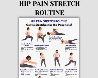 Esercizi di stretching per il dolore all'anca (stampabili), esercizi di stretching per alleviare il dolore all'anca, routine per anche rigide, esercizi delicati per la flessibilità dell'anca (PDF)