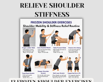 Esercizi per la spalla congelata stampabili, tabella per alleviare la rigidità della spalla, routine di riabilitazione per mobilità e stretching, PDF per la terapia