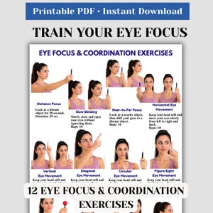 Puede incluir: Una guía PDF imprimible titulada Train Your Eye Focus y 12 Eye Focus & Coordination Exercises. El documento presenta texto instructivo y varias fotografías de una persona demostrando diversas técnicas de movimiento ocular con un bolígrafo.