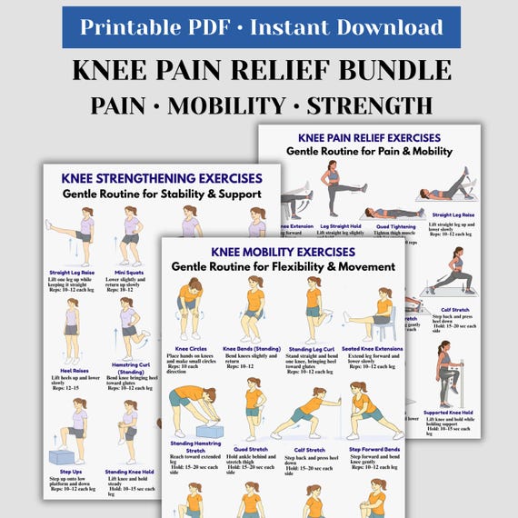 Knee Pain Relief Bundle, Strength and Mobility Exercises, 3 in 1 Knee Workout Printable PDF