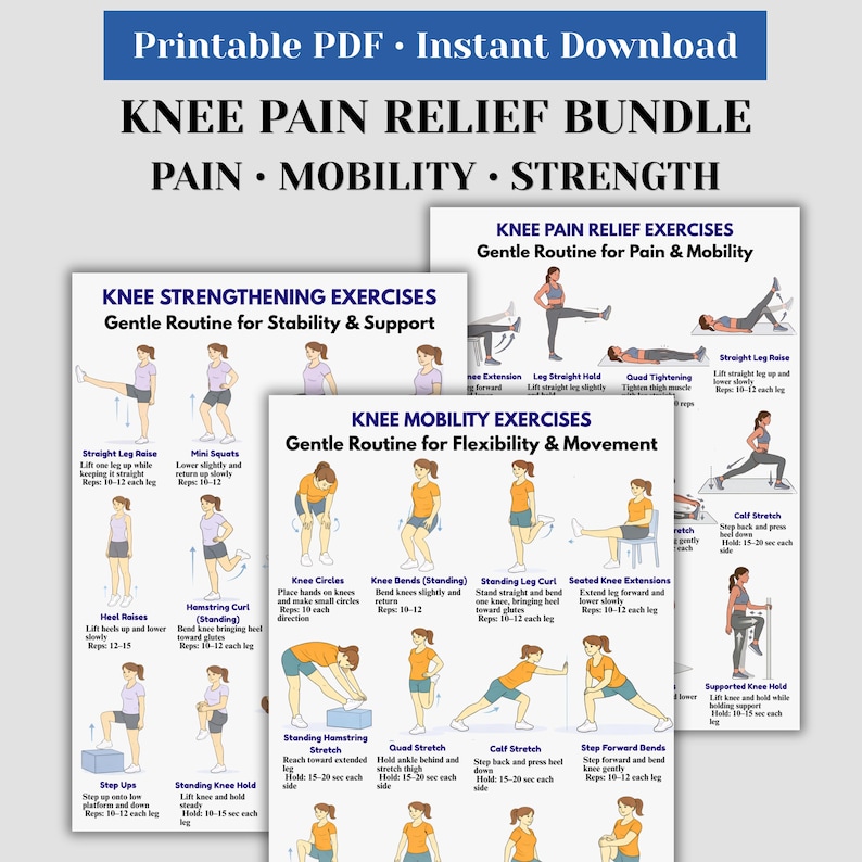 May include: A printable PDF bundle for knee pain relief, mobility, and strength. The bundle includes exercise guides for knee strengthening, pain relief, and mobility. Each guide features illustrations and instructions for various exercises.