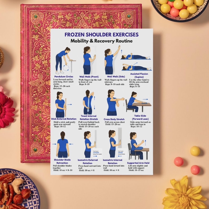 May include: A poster with illustrations of frozen shoulder exercises. The exercises include pendulum circles, wall walks, assisted flexion, stick external rotation, towel internal rotation, cross body stretch, table slide, shoulder blade retraction, and isometric rotations.