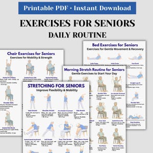 Könnte beinhalten: Druckbare PDF mit Übungen für Senioren, einschließlich Stuhlübungen, Dehnübungen und einer Morgenroutine. Der Leitfaden enthält Illustrationen verschiedener Übungen für Mobilität, Kraft und Flexibilität. Der Text enthält "Tägliche Routine" und Übungsnamen.