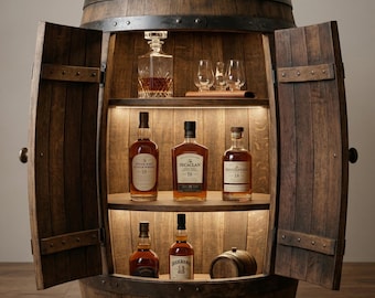 Ręcznie robiona szafka na beczki whisky z oświetleniem LED