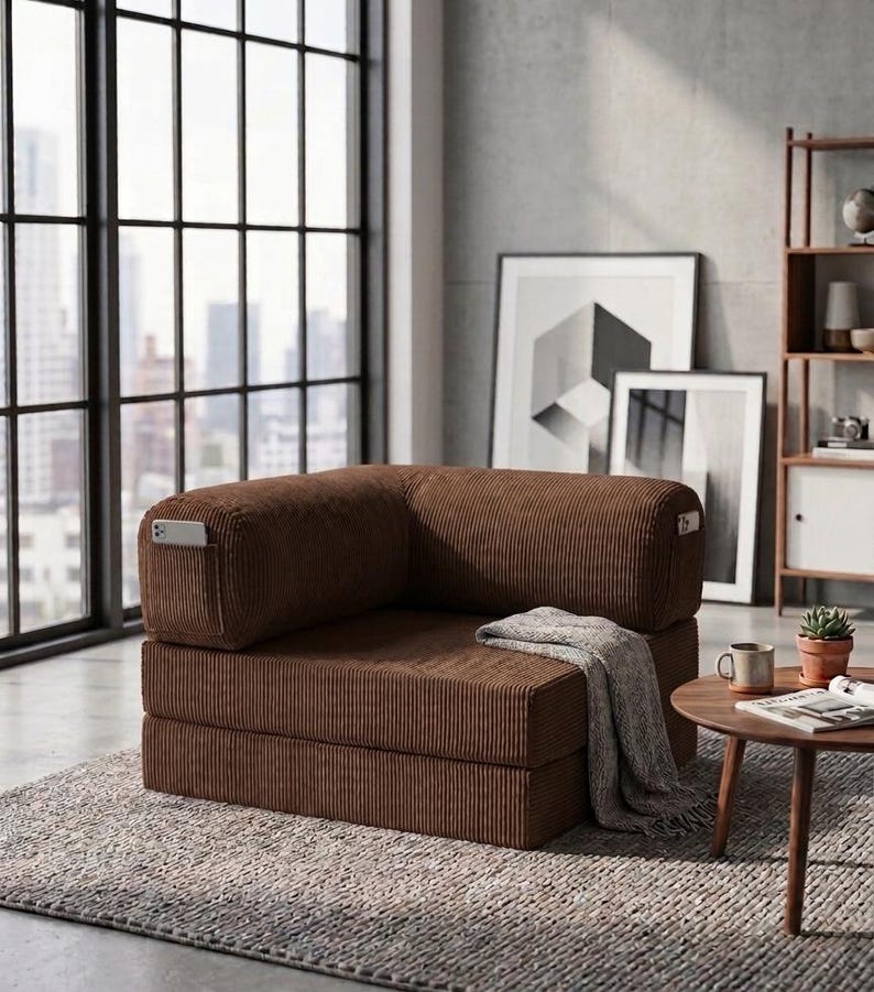 May include: A brown corduroy modular floor chair featuring a low-profile, boxy design with a corner backrest. The fabric has a distinct vertical ribbed texture. A small side pocket is integrated into the armrest, and a grey throw blanket is draped.