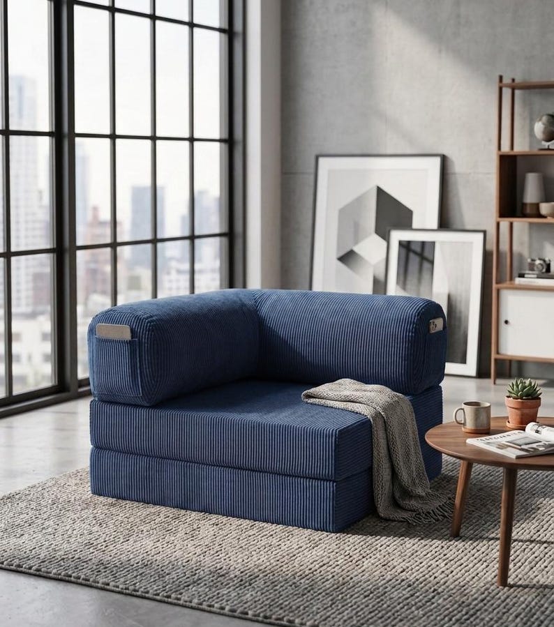 May include: A navy blue corduroy modular floor chair featuring a low-profile design with a square backrest and seat. The chair includes integrated side pockets on the armrests and is draped with a light gray textured throw blanket.