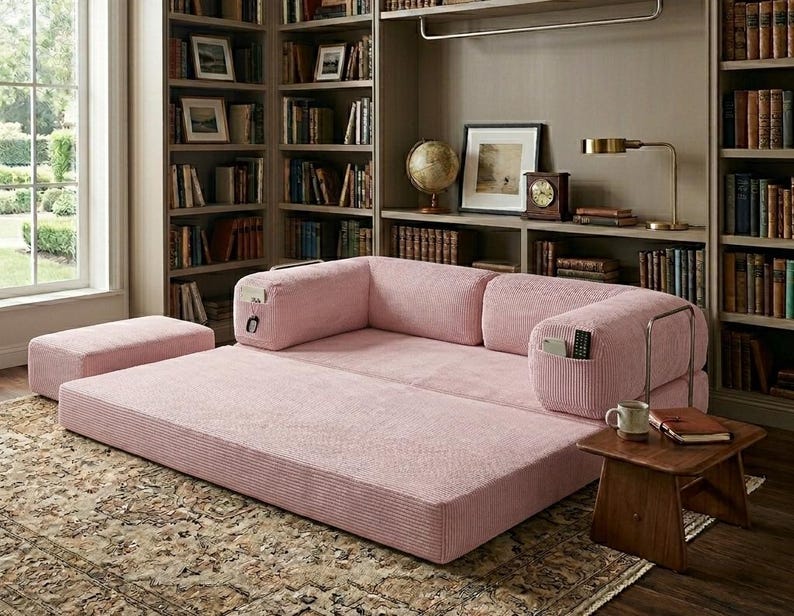 May include: A low-profile, pink corduroy modular sofa bed featuring a wide, flat seating area, two back cushions, and integrated side pockets for storage. The sofa includes a matching rectangular ottoman positioned to the left of the main unit.