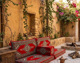 Arabic Sofa, Ottoman Sofa, Kilim Pattern Sofa, Floor Seating, U-Shaped Floor Sofa, Moroccan Sofa, Traditional Sofa, Arabic Majlis