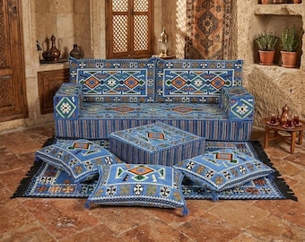 Traditional Kilim Pattern Floor Seating Sofa, U-Shaped Arabic Majlis Couch