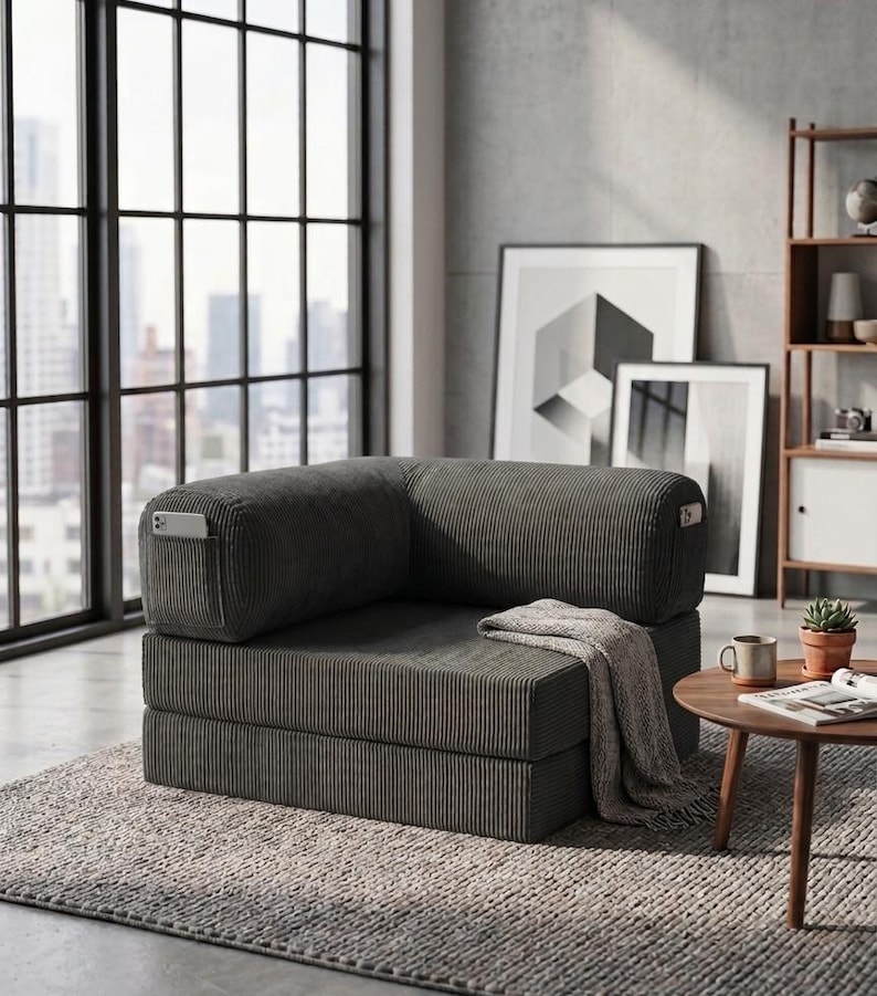 May include: A dark gray corduroy modular floor chair featuring a low-profile design with a thick seat and backrest. The chair includes integrated side pockets on the armrests and is draped with a light gray textured throw blanket.