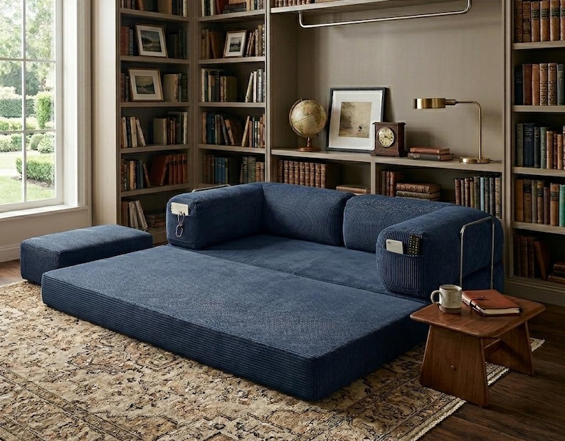 May include: A navy blue corduroy floor sofa with a low-profile design, featuring two integrated side armrests with built-in storage pockets, a matching rectangular ottoman, and a wide, flat seating area upholstered in a textured fabric.